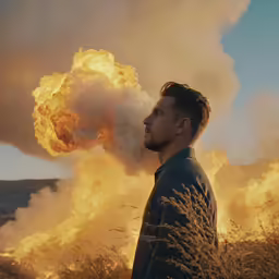 a man standing in a field with a lot of smoke