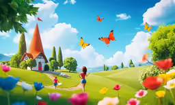 woman with young daughter in meadow with butterflies and a church