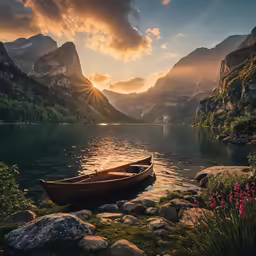 two boats are on the lake shore at sunset