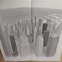two large buildings near each other on a table,this is a pencil drawing of a city
