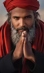 a man in red and orange has his hands folded up in prayer