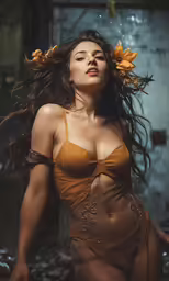 a young woman in a bikini and floral headdress