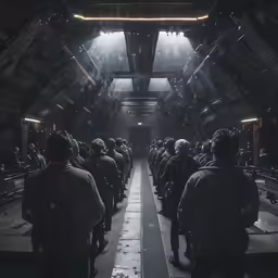 the scene shows many people standing in a warehouse, facing toward an exitway