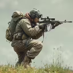 a soldier crouching holding a rifle in the middle of a field