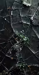 an abstract, cracked screen is shown with leaves and water