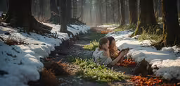 a woman sitting on a forest path looking at her cellphone