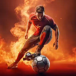 a soccer player poses on top of a fireball