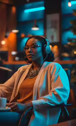 a person sits in a chair with headphones on
