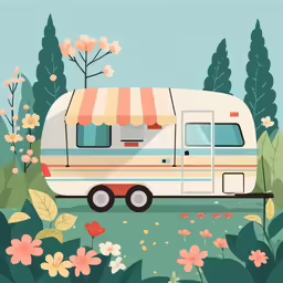 an rv parked in the middle of flowers and plants