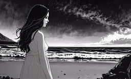 a black and white illustration of a woman on the beach,a woman looking at the ocean from an island