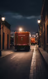 a red truck driving past two old buildings