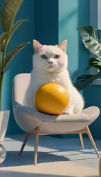 white cat sitting in a chair holding an orange