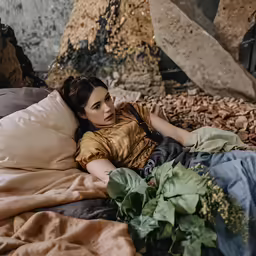 a young woman laying in bed covered in a blanket