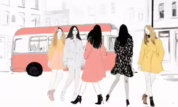 four girls are walking across the street