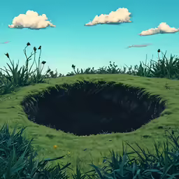 a drawing of a field with flowers, blue sky and clouds