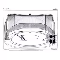 an ice hockey goal with puck and hockey stick,hockey goal drawing in the shape of an old arena