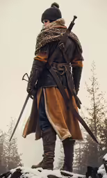 a man in armor and fur stands in the snow
