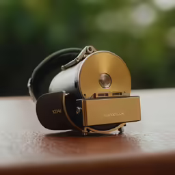 a gold camera sitting on top of a wooden table