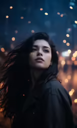 the woman is wearing long dark hair outside