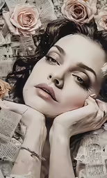 woman with flowers laying on papers and the photo is taken with a phone