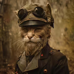 this cat wears an old - fashioned aviator hat and goggles