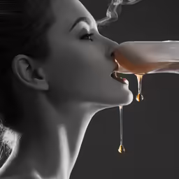 a woman smoking cigarette and getting liquid from her lips