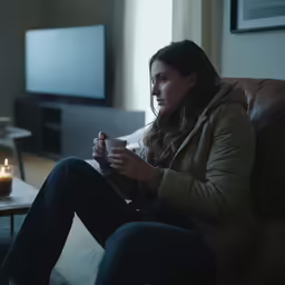 woman in dark room drinking a cup of coffee