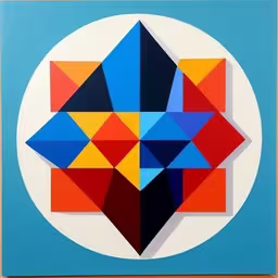 a painting depicting geometric art in various shades of blue,an artwork shows different shapes on the white circle,the picture is being displayed on the wall,an abstract painting that looks like the same color as it appears in the picture,a very colorful geometrical picture in a large white circle