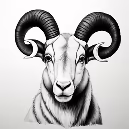 an ink drawing of a ram with horns