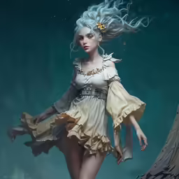 a woman with long white hair wearing a dress and boots