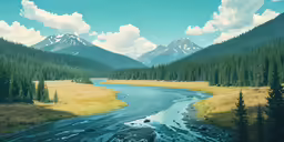 a river flowing through a lush green forest