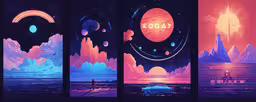 artwork depicting four different types of planets in space,multiple space images show different stages in each image