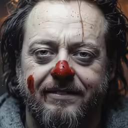 a man wearing a bloody clown nose and wig