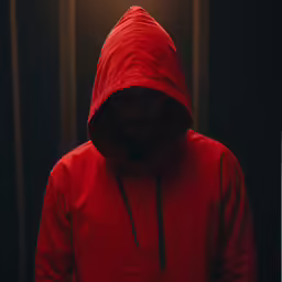 the man in the red jacket is looking down