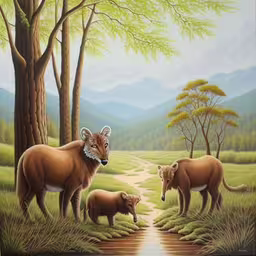 some animals and trees in a painting style,painting of animals on a hillside with tree