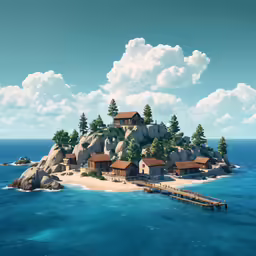 a cartoon shows a small island with cottages built into it