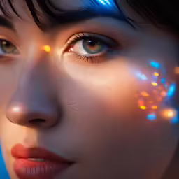 a young woman wearing bright colored lights in her face