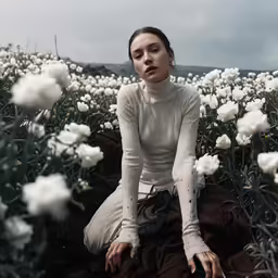 a woman is sitting in a field of flowers