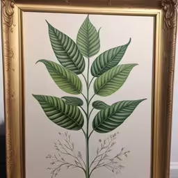 a drawing of leaves on a white background,a painting of a leafy plant hanging on a wall