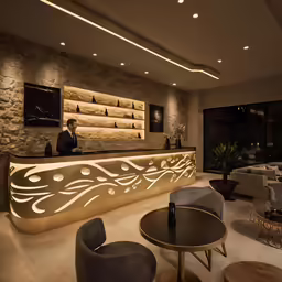 a picture of a lobby with an art work on it
