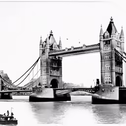 black and white photograph of bridge with boat