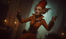 a woman dressed as a doll standing in a dark room