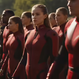 there are many people standing in the formation of red suits