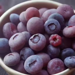 a bowl full of blueberries with a little red berry