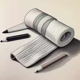 a pen, pencil and notebook on a white surface,a drawing of two pencils, an empty roll of paper, and a folded striped napkin