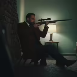 a man in a brown coat with a rifle