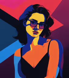a woman with glasses standing against a geometric background,the woman in the sun glasses is wearing a black top and sunglasses