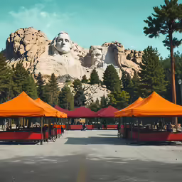 many tents set up near large statues