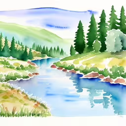 a painting of water and trees on the hillside
