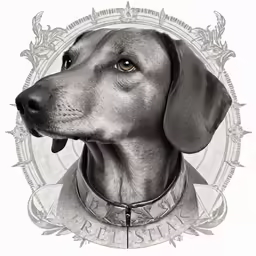 a gray dog wearing a collar and standing in front of a white background